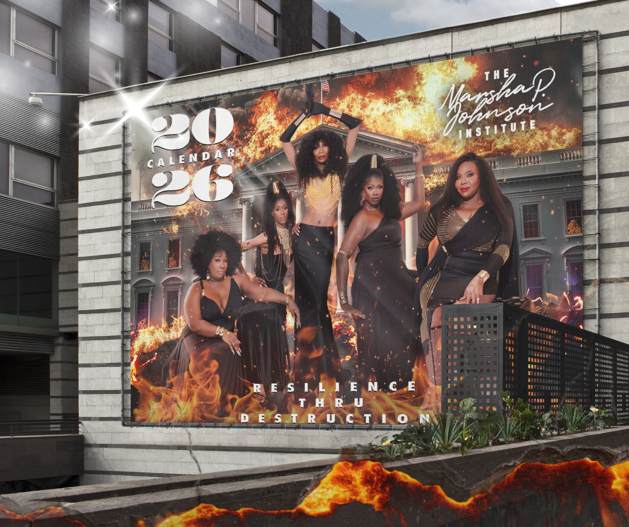 Calendar cover with women in front of a building, featuring flames and text.